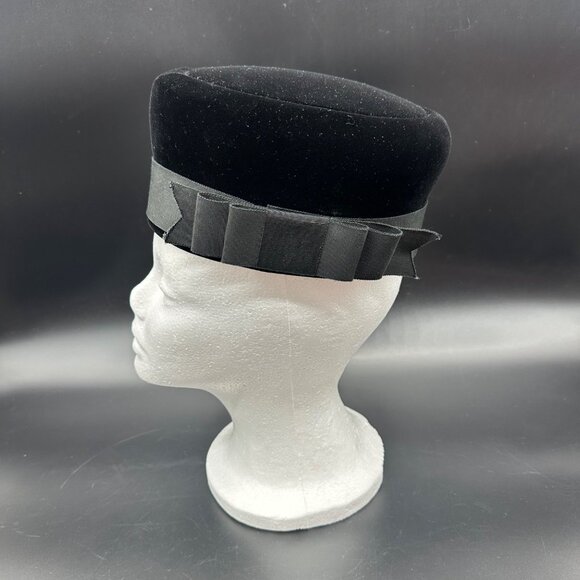 Vintage Pillbox Hat 1960s Mr John Black Velvet Jackie Kennedy Style Bow Accent - Picture 2 of 11